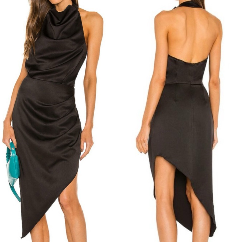 Elliatt Black Asymmetrical Satin Midi Dress